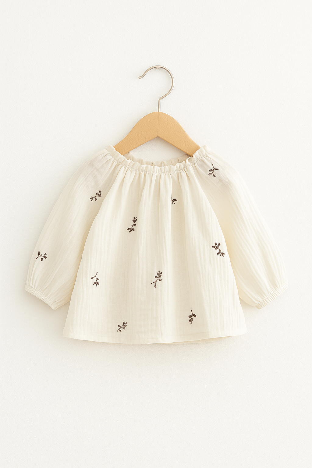 Gathered Collar Blouse with Embroidered Flowers