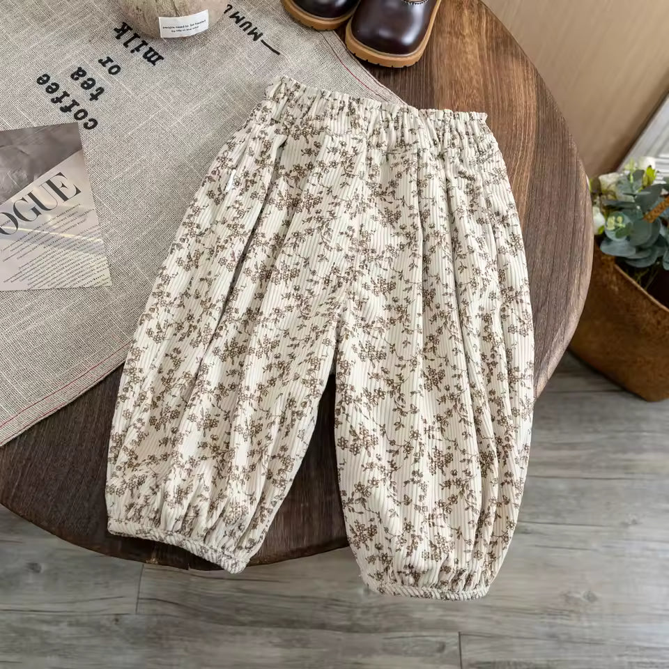 White Floral Corduroy Baggy Pants